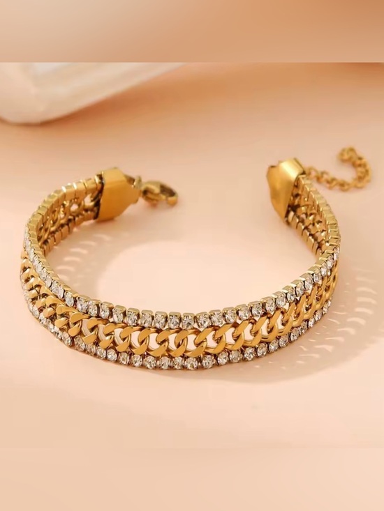Anthropologie Jewelry - 18K Gold Plated Stainless Steel Three Layers Bracelet Shiny Cubic Zirconia